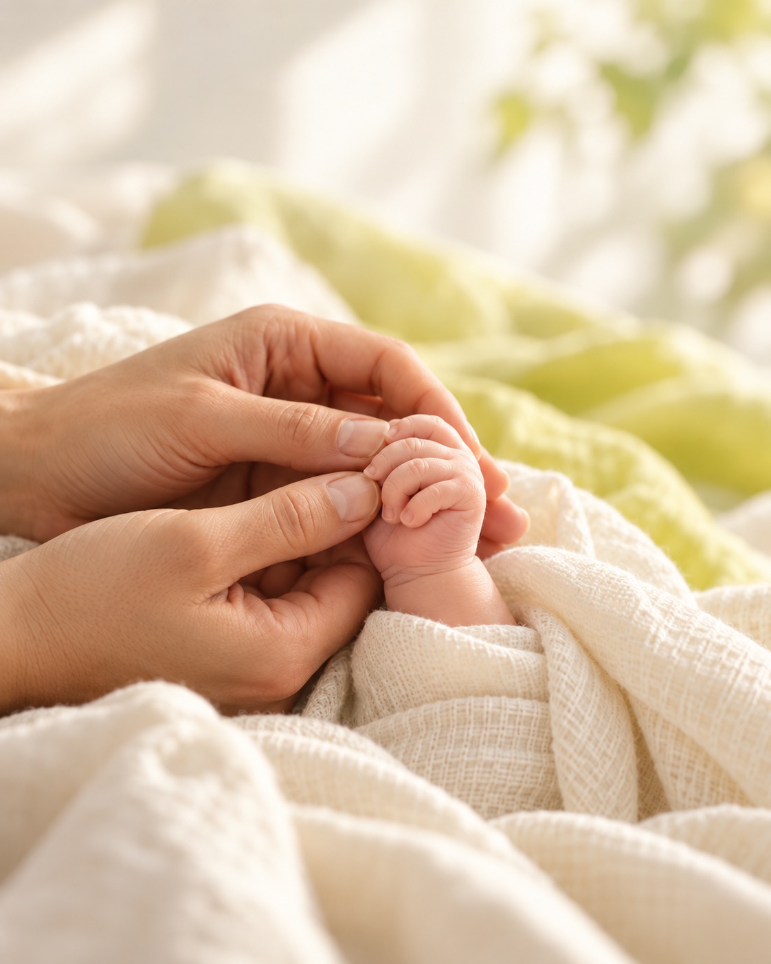 Erwachsene Hände halten sanft eine Babyhand, mit cremefarbenem Leinen und hellen gelbgrünen Akzenten
