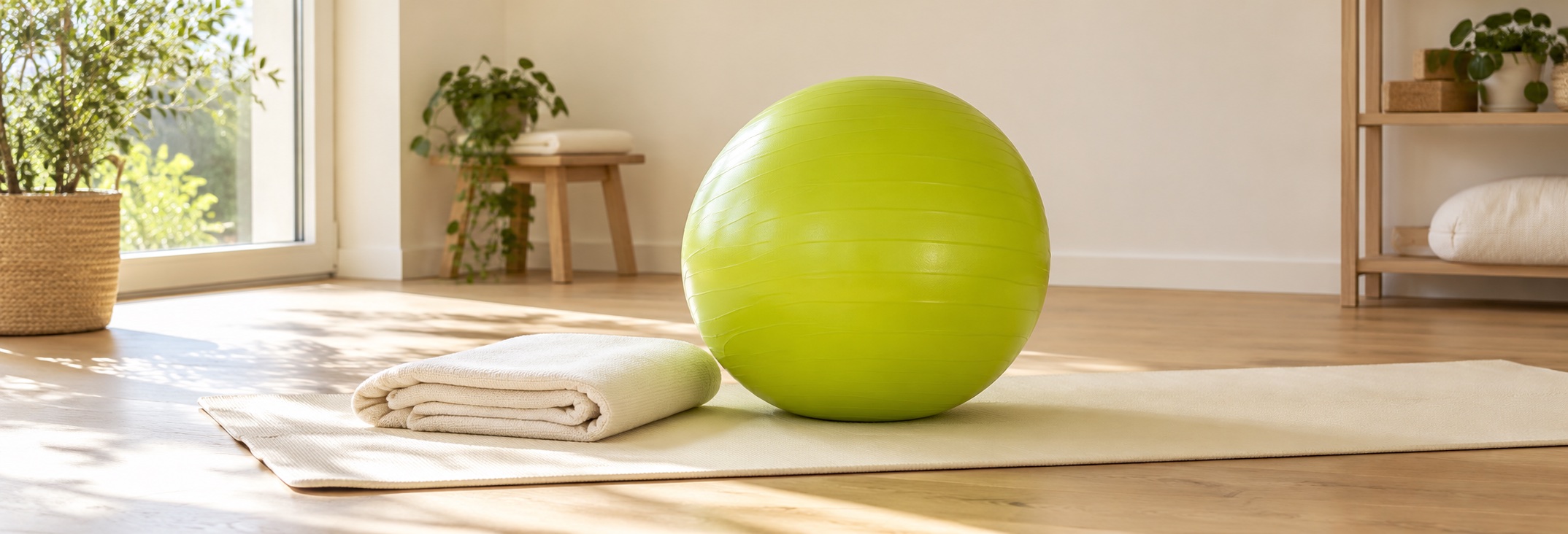 Grüner Gymnastikball und helle Übungsmatte zur Geburtsvorbereitung