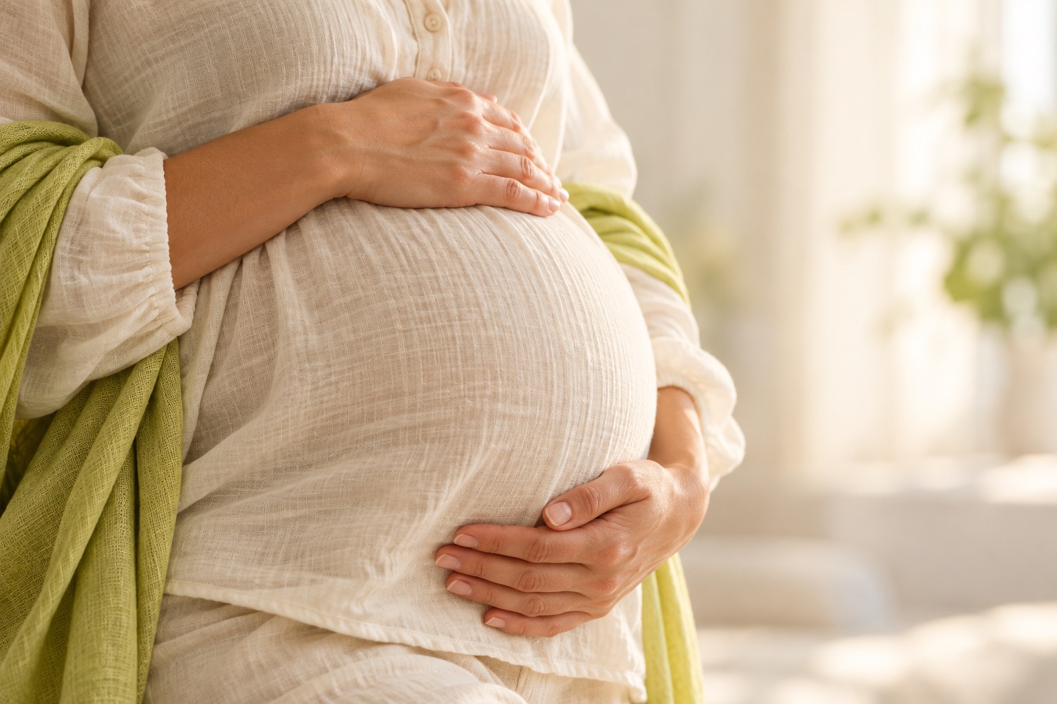 Hände auf einem bekleideten Schwangerschaftsbauch, ohne sichtbares Gesicht