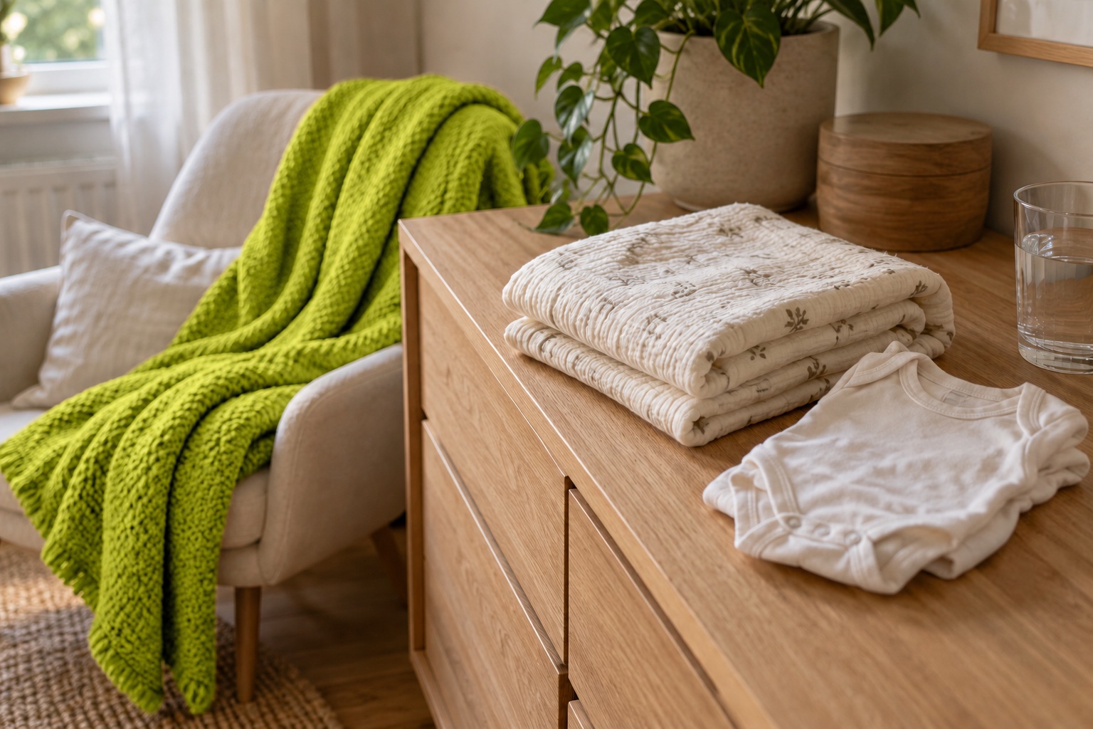 Vorbereitete Babykleidung und weiche Decken in einem hellen Zuhause mit grünem Strickplaid