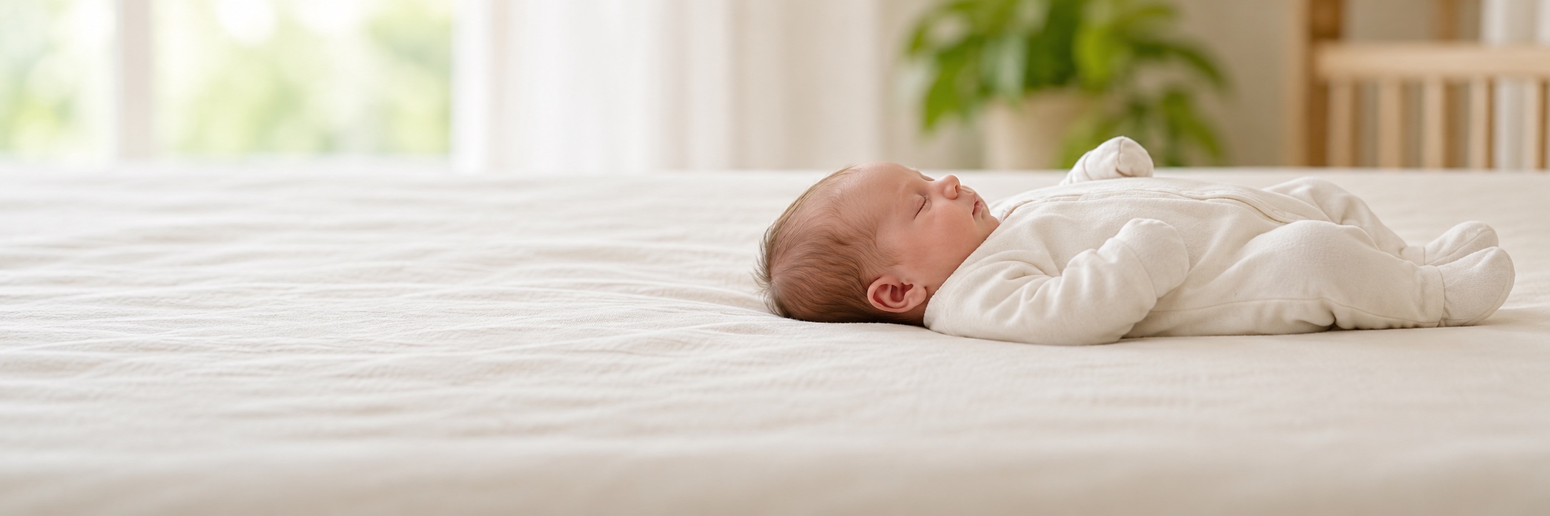 Schlafendes Baby im hellen Strampler, auf dem Rücken auf einer flachen Matratze liegend