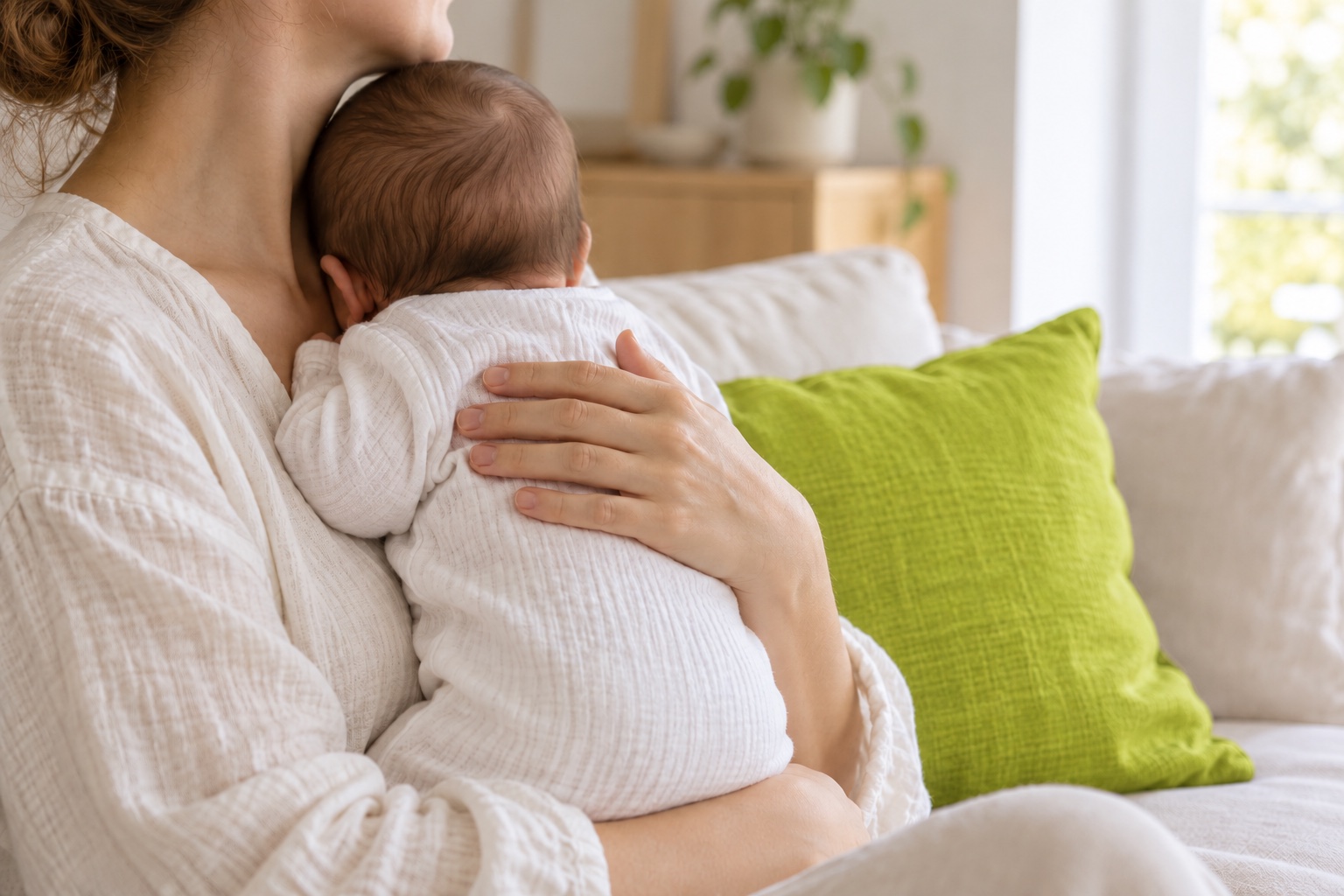 Mutter mit ihrem Baby an der Schulter in einem hellen Zuhause